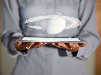 Image showing Saturn graphic, galaxy tablet and futuristic planet hologram with a business woman and tech. Digital, globe 3d illustration and virtual holographic image of employee holding a mobile showing universe