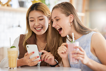 Image showing Laughing, phone or friends on social media in cafe with happy smile on holiday vacation together. Crazy news, web or gen z women reading funny gossip content on mobile on date with cocktails drinks