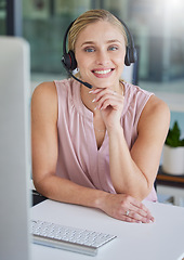 Image showing Crm, face or portrait of woman in call center with smile, helping or telemarketing online. Technical support, consultant or happy insurance agent in communication at customer services or sales job