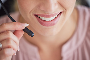 Image showing Microphone, mouth or woman in call center, communication or telemarketing in customer service. Zoom of smile, female agent or happy consultant speaking or talking at technical support or help desk