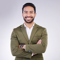 Image showing Smile, crossed arms and portrait of business man in studio for success, confidence mindset and leadership. Corporate manager, ceo and happy face of male on white background in professional clothes