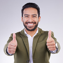 Image showing Thumbs up, successful and portrait of businessman happy and smile for success isolated in a studio white background. Entrepreneur, Latino and man corporate employee excited, thank you and agreement