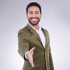 Image showing Greeting or portrait of businessman handshake gesture with a smile and happy isolated in a studio white background. Professional, employee and man corporate worker shaking hand offer to welcome