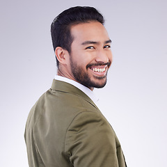 Image showing Happy, smile and portrait of man in studio for professional, corporate and positive. Confidence, happiness and executive with male isolated on gray background for pride, elegant and opportunity