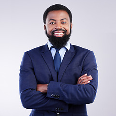 Image showing Happy, arms crossed and portrait of black man in studio for professional, corporate and positive. Smile, confident and executive with employee isolated on grey background for pride, happiness and ceo