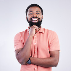 Image showing Happy, smile and portrait of black man in studio for confidence, positive and laughing. Funny, carefree and happiness with male isolated on gray background for cheerful, achievement and pride