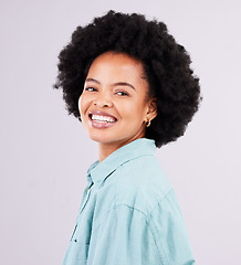 Image showing Portrait, happy and black woman smile for fashion or style with an afro isolated against a studio pink background. Face, casual and female person excited, confident and beauty or happiness