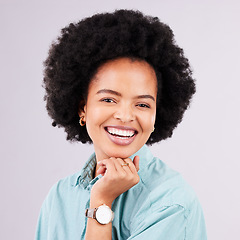 Image showing Happy, laugh and portrait of black woman in studio for confidence, positive and empowerment. Happiness, funny and elegant with face of female isolated on gray background for young, excited and pride