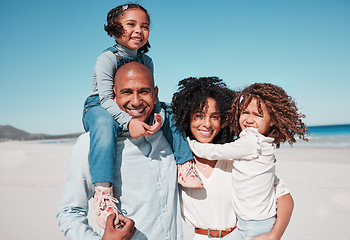 Image showing Family, smile and portrait piggyback at beach on vacation, bonding and care at seashore. Holiday relax, summer ocean or happy father, mother and kids, girls or children enjoying quality time together