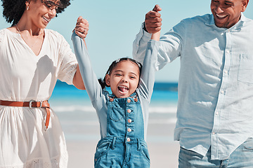 Image showing Mother, father and girl play by the beach for relax on summer holiday, vacation and weekend in nature. Happy family, parents and portrait of child with mom and dad for swing, bonding and quality time