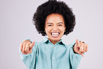 Image showing Happy, pointing and portrait of black woman in studio for yes, opportunity and decision. Yes, smile and deal with female and gesture isolated on gray background for agreement, thank you and choice