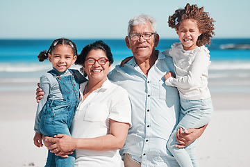 Image showing Portrait, travel and happy family at a beach, bonding and having fun outdoors against sea background. Face, seniors and man with woman enjoying retirement with grandchildren on ocean trip in Miami