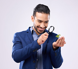 Image showing Magnifying glass, plant and growth with man in studio for investment, search and zoom. Knowledge, discover and investigation with employee on gray background for study, analysis and curiosity