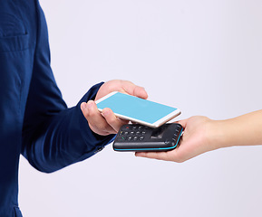 Image showing Scan, machine and people hands with phone green screen isolated on white background in ecommerce transaction. Mockup connection, fintech payment app and b2c or customer with business person in studio