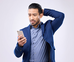 Image showing Business, employee and Asian man with smartphone, stress and connection issue against grey studio background. Male consultant, agent and ceo with cellphone, problems and financial crisis with startup