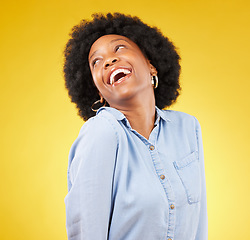 Image showing Happy, laughing and black woman smile with fashion and style isolated against a studio yellow background. Excited, funny and confident female person or comic with stylish or cool clothes