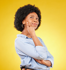 Image showing Thinking, confused and black woman in studio pensive, puzzled and uncertain on yellow background. Doubt, contemplate and emoji by unsure female with decision, choice or option on isolated space