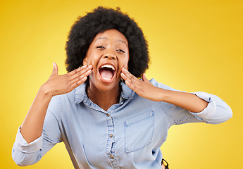 Image showing Black woman, face and shouting portrait in studio while excited on yellow background. African female with hands on mouth for promotion announcement with motivation, happiness and positive mindset