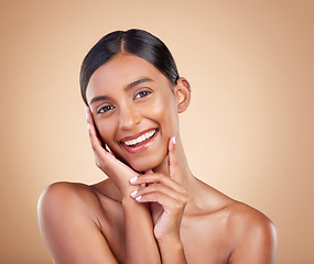 Image showing Portrait, beauty and smile a model woman in studio on a beige background for natural skincare. Face, happy and aesthetic with an attractive young female posing for cosmetics or luxury wellness