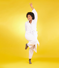 Image showing Portrait, excited and black woman with pajamas, happiness and girl on studio background. Face, African American female and happy lady with smile, morning joy and glory with energy, silly and goofy