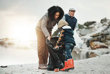 Image showing Beach cleaning, plastic and child, family or volunteer group in education, learning and community support. Happy people, mother teaching kid or helping with waste, garbage or trash in climate change