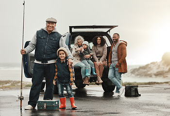 Image showing Happy, travel and family on a fishing trip together for an outdoor hobby, activity or lesson. Grandparents, parents and children on a holiday, vacation or adventure with happiness in the countryside.