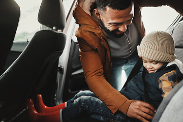 Image showing Father, help or child with seat belt for safety traveling on vacation, road trip or holiday in car together. Transportation, dad or happy parent with young kid or boy in vehicle for family weekend