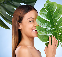 Image showing Woman, portrait and leaf in natural beauty and organic skincare cosmetics for self love or care on blue studio background. Happy female with smile holding eco green plant for sustainable wellness