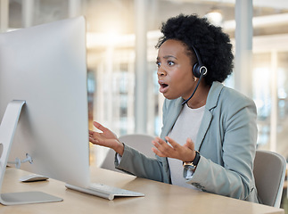 Image showing Frustrated, confused and surprise in call center, black woman with headset and crisis, CRM problem and computer glitch. Female employee, tech support mistake or software error in customer service