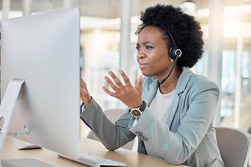 Image showing Frustrated, confused and stress in call center, black woman with headset and contact us, CRM problem and computer glitch. Female employee, tech support mistake or software error in customer service