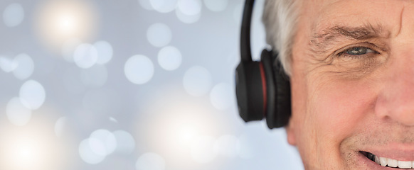 Image showing Closeup, portrait and man with customer service, telemarketing and happiness for success. Face banner of consultant with tech support, focus and call center for help and advice with headphones