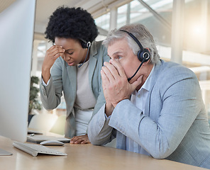 Image showing Frustrated, confused and stress in call center with team in crisis, customer service headache with computer glitch. People in tech support with mistake or software error, contact us and CRM problem