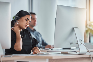 Image showing Neck pain, call center and stress with woman in office for communication, consulting and customer service. Burnout, body ache and tired with employee at computer for hotline, help desk and advisory