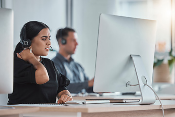 Image showing Crm, neck pain and business woman in a call center office with shoulder injury. Telemarketing, customer support and employee feeling stress, tired and burnout from consultant job with fatigue