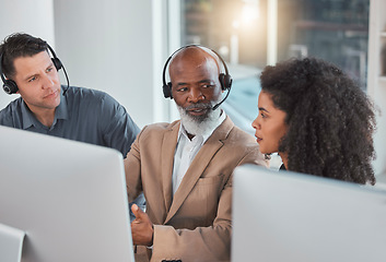 Image showing Call center, training and teaching with people in office for mentor, commitment and coaching. Advice, customer service and contact us with employee at computer for friendly, help desk and consulting