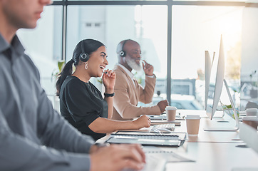 Image showing Call center, laugh and consulting with woman in office for customer service, communication and help desk. Happy, contact us and technical support with employee at computer for crm, sales or advice