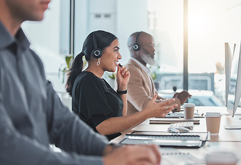 Image showing Call center, talking and consulting with woman in office for customer service, communication and help desk. Happy, contact us and technical support with employee at computer for crm, sales or advice