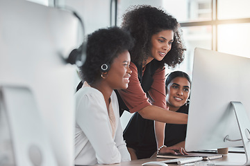 Image showing Call center, mentor and consulting with people in office for training, commitment and coaching. Advice, customer service and contact us with employee at computer for friendly, help desk and teamwork