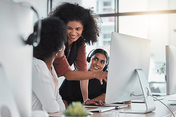 Image showing Call center, mentor and teamwork with people in office for training, commitment and coaching. Advice, customer service and contact us with employee at computer for friendly, help desk and consulting