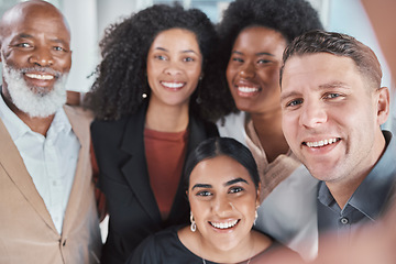 Image showing Company selfie, diversity and team building with about us profile picture in office. Happiness, teamwork and business motivation portrait of media friends group with happy smile from collaboration