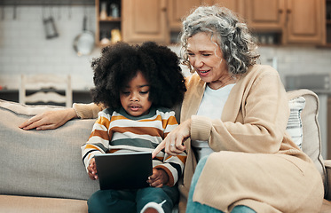 Image showing Elearning tablet, grandparent and African boy with remote education for child development in online school. E learning gesture, adoption family love and kindergarten student with knowledge software