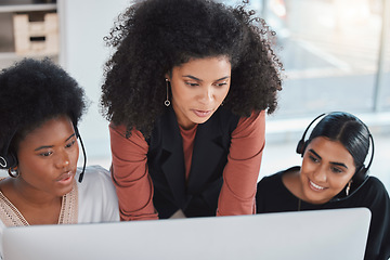 Image showing Call center, mentor and coaching with people in office for training, commitment and teaching. Advice, customer service and contact us with employee at computer for friendly, help desk and consulting