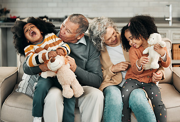 Image showing Relax, happy grandparents or children bonding, laughing or hugging in fun Mexico in family home together. Grandmother, grandfather or playful young kids siblings love quality time on holiday vacation