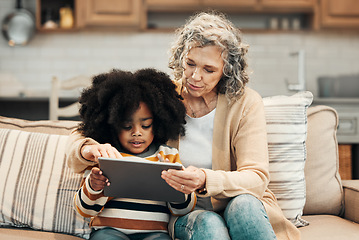 Image showing Online tablet, family grandmother and child e learning, remote education or youth development in home school. Senior woman, adoption and young kindergarten students with elearning knowledge software