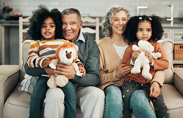 Image showing Happy, bonding and portrait of grandparents holding children for a visit, playing and babysitting. Smile, interracial and elderly man and woman sitting with grandchildren for care, love and hug