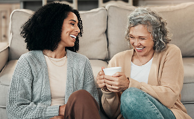 Image showing Love, mother and adult daughter on floor, coffee and conversation with happiness, break and laughing. Family, mama and female grown child on ground, tea and smile with rest, funny and quality time