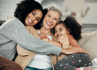 Image showing Happy, hug and portrait of family with affection, visit and bonding on mothers day. Smile, interracial and mother, child and grandmother hugging, being affectionate and cheerful for quality time