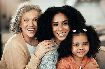 Image showing Children, mother and grandmother with the portrait of a black family bonding together in their home. Kids, love or relatives with a woman, senior grandparent and girl posing in the living room