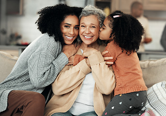 Image showing Laughing, hug and portrait of family with affection, visit and bonding on mothers day. Smile, love and mother, child and grandmother hugging, being affectionate and cheerful for quality time together