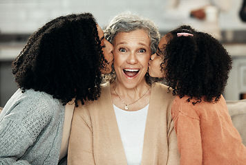 Image showing Kiss, happy and generations with family on sofa in living room for surprise, support and affectionate, Mothers day, love and grandmother with mom and girl at home for care, relax and bonding